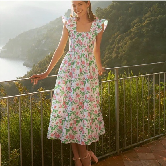 Hill House Dresses & Skirts - Hill House Floral Midi Dress in White, Pink & Green